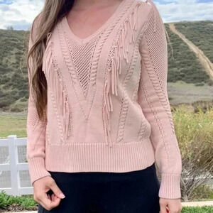 Maje Pink  Fringe Tassel Knit Long Sleeve Bohemian Pullover Sweater Size 1/Small